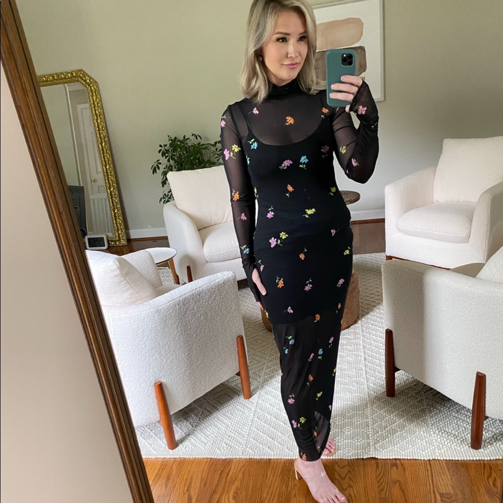 Sheer long slip dress with flowers.